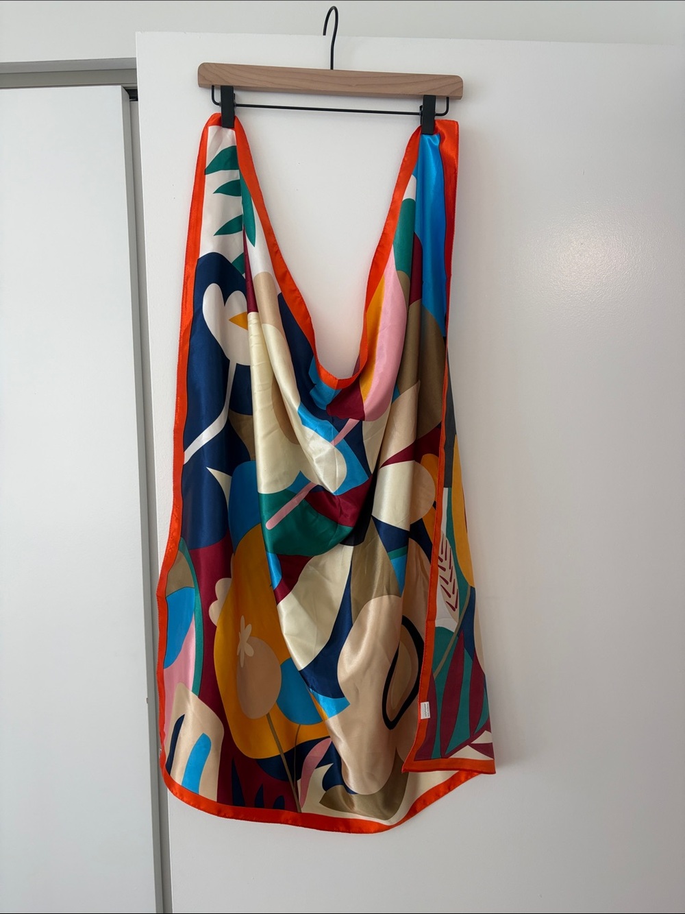 Colorful Abstract-Print Silk Scarf with Orange Trim
